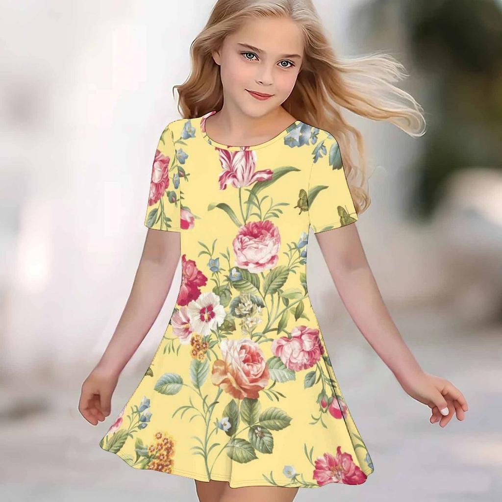 Girls 3D Print Dresses Kids Girl Party Short Sleeve Princess Dress Tank 3D  Flowers  Print Dress