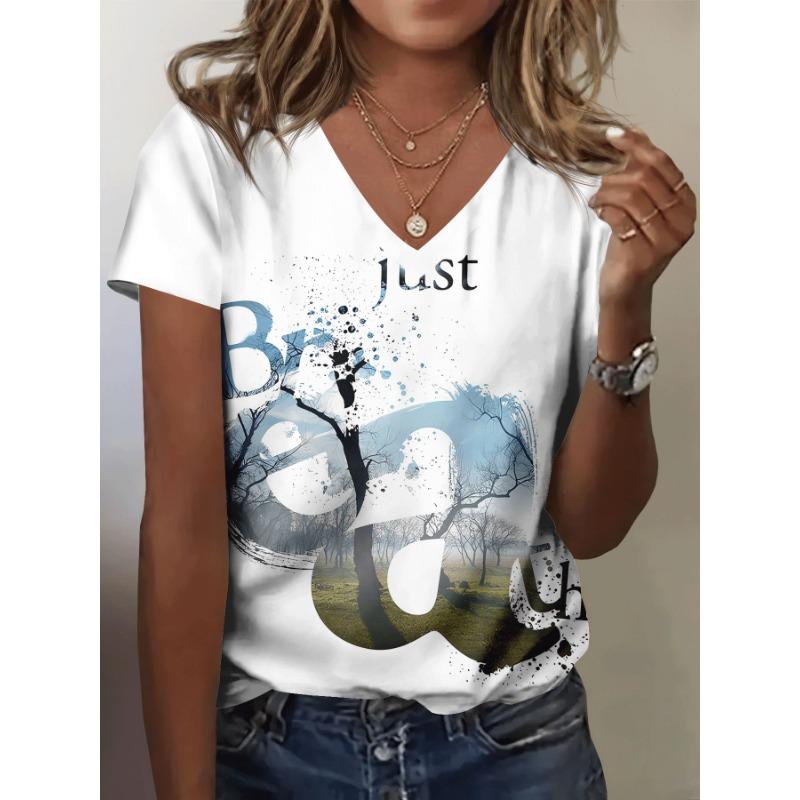 Women's summer casual V-neck short-sleeved T-shirt, with fashionable 3D print, suitable for outings or at home