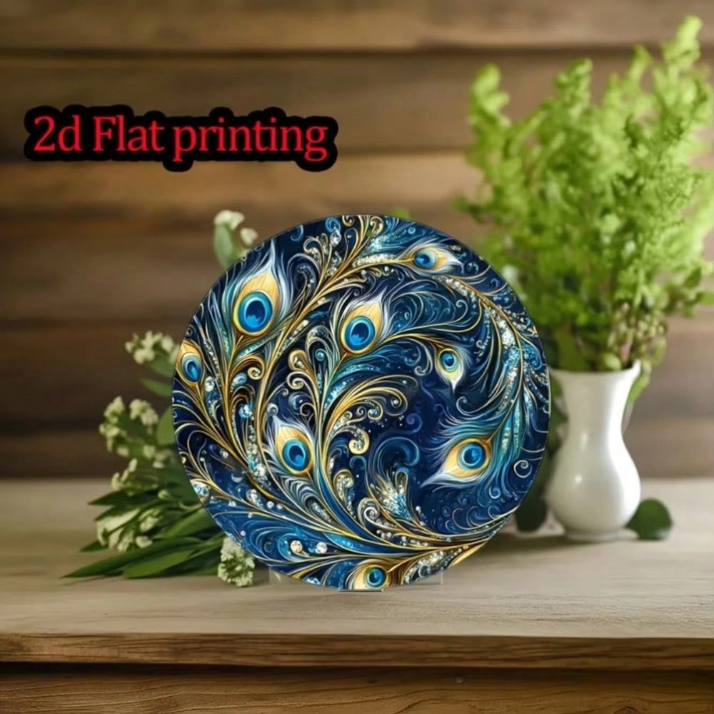 Vintage Metal Peacock Feather Wall Art, 2D Flat Blue Decorative Tin Sign for Home Garden Yard Living Room Decor