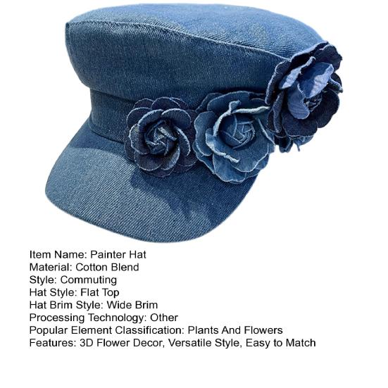 Pălărie de pictor cu bor larg Protecție solară Vizor respirabil Pălărie pentru modelarea feței Decorațiune cu flori 3D Pălărie tip șapcă Newsboy din denim spălat