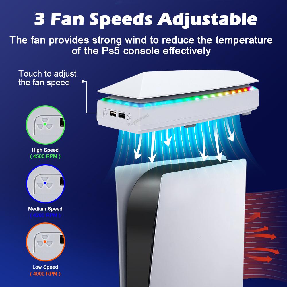 White Upper Cooling Fan Base Game Cooler Stand Bracket with RGB Atmosphere Colorful Lighting LED for PS5 Console with Dust Cover