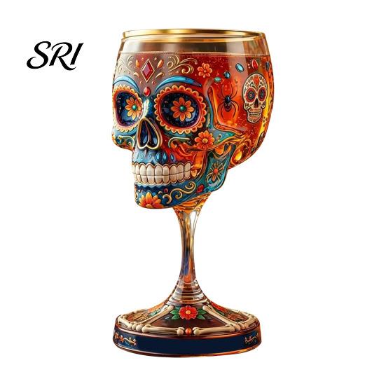Skeleton Themed Wine Glass Gothic Skull Glass, Hand Painted Goblet, Day Art Glassware of The Dead Decor, Unique Bar Gift for Halloween Altar Accessory