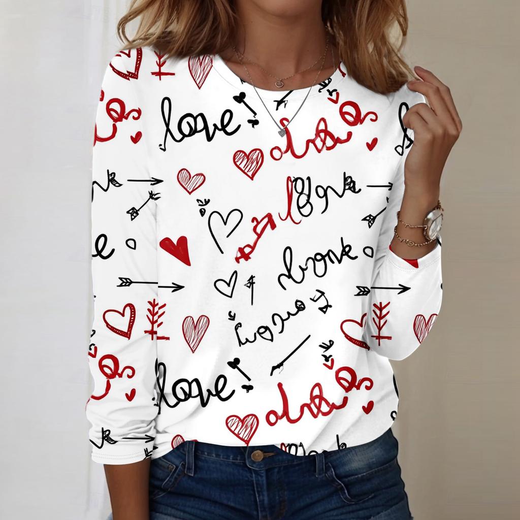Women's Heart,shaped Printed Round,neck Loose Long,sleeved Top