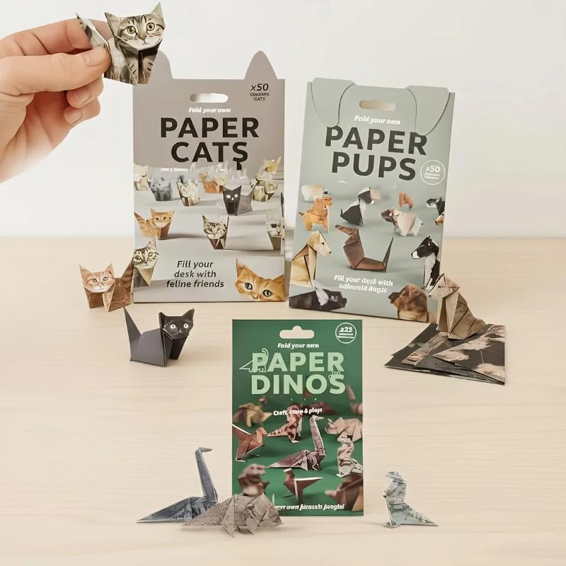 3Boxes Complete Paper Cats, Dogs and Dinosaur Origami Kit for Adults - 50Sheets/Box Step-by-Step DIY 3D Paper Craft Set