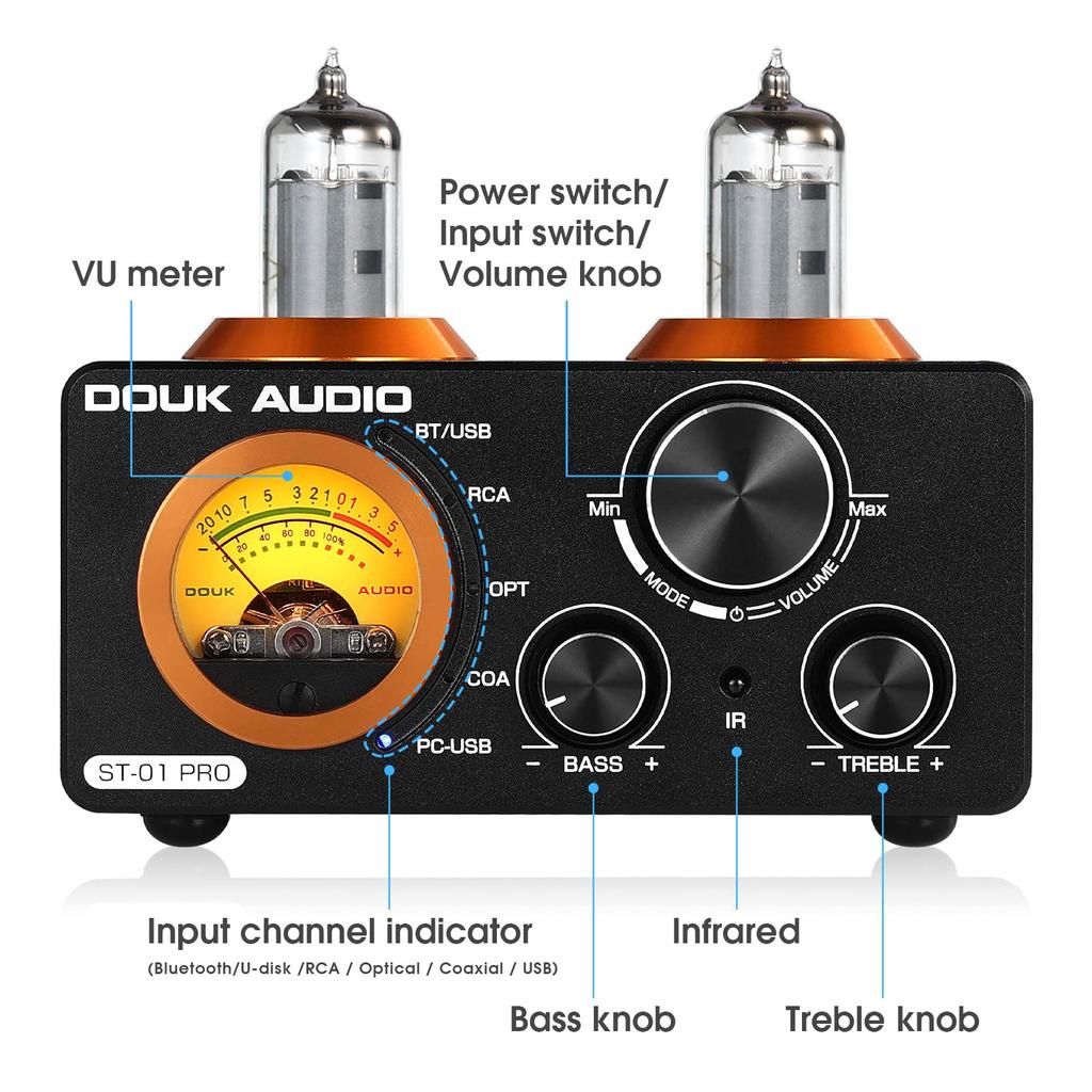 Douk Audio PRO Bluetooth Power Amplifier 6K4 Vacuum Tube Amplifier USB DAC VU Meter ST-01 5.0 100W2 COAX/OPT