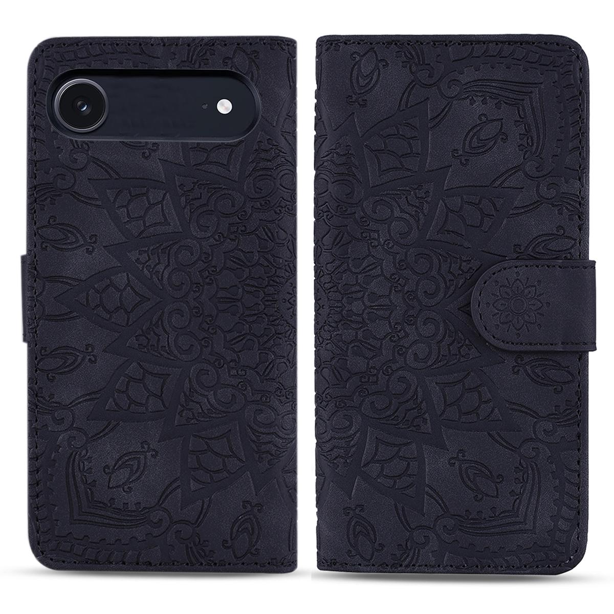 

Case For iPhone 17 Air Flower Imprinted PU Leather Wallet Flip Phone Cover with Wrist Strap Black