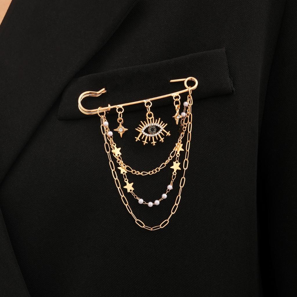 Evil Eye and Star Tassel Safety Pin Brooch with Pearl Accents for Women