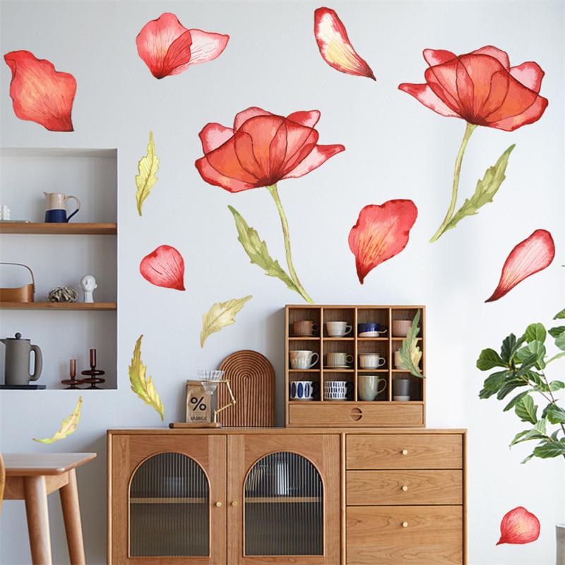 4sheets/set Wall  Stickers Of Removable Poppy Watercolor Inkjet For Bedroom Living Room Decoration