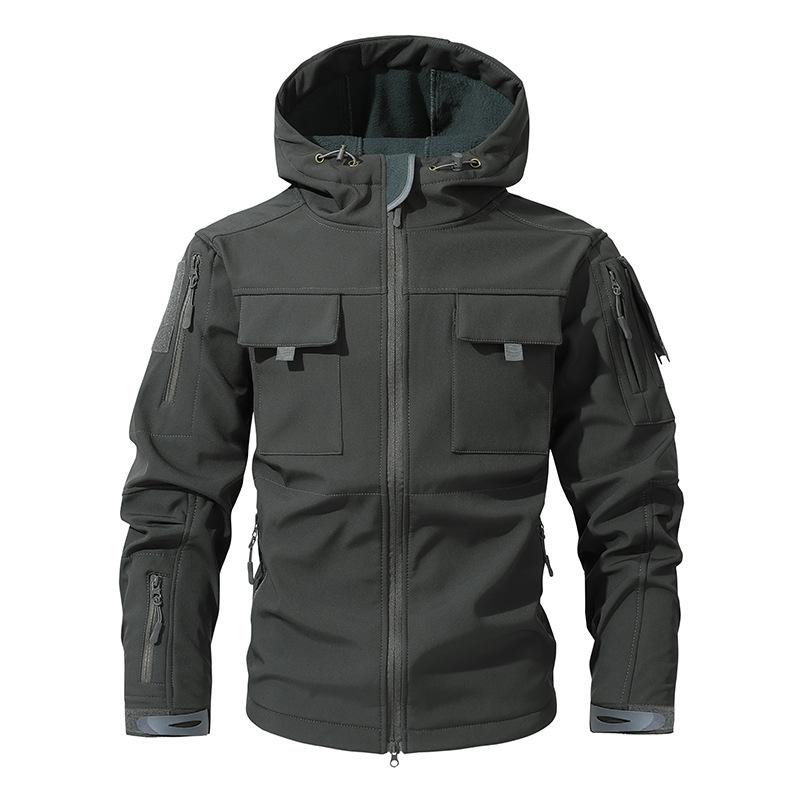 European Plus Velvet Jacket for Men, Autumn and Winter Thick and Warm Jacket, Outdoor Camouflage Waterproof Hooded Mountaineering Suit