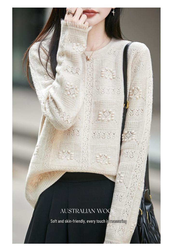 2026 A/W Plaid Wave Pattern Loose Pure Wool Knit Sweater - Women's Round Neck Long Sleeve
