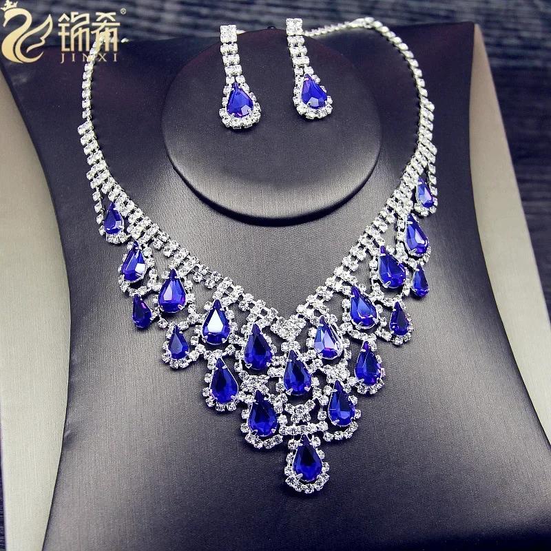 Blue Water Drop Rhinestones Necklace For Women  Inlaid Zircon Pendant Fashion Jewelry Accessory