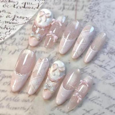 Cat Eye 2025 Pink Bow French Nails - Semi-Handmade, Whitening, Sweetheart Style