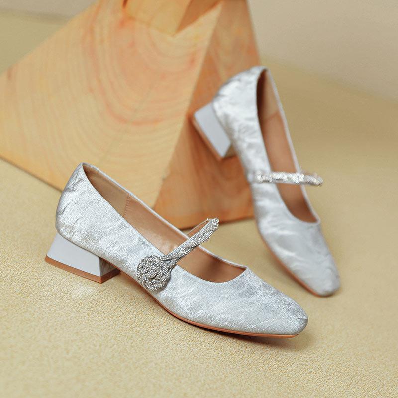 Square head thick heel Mary Jane shoes women's magic buckle one-word strap high heels 2025 new spring and autumn French low-heeled single shoes