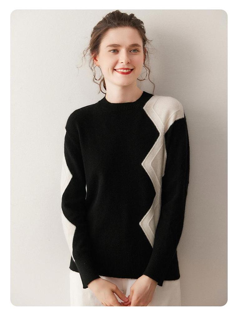 Women's Loose Fit Cashmere Diamond Plaid Knit Sweater - Autumn/Winter Round Neck Color Block Outerwear
