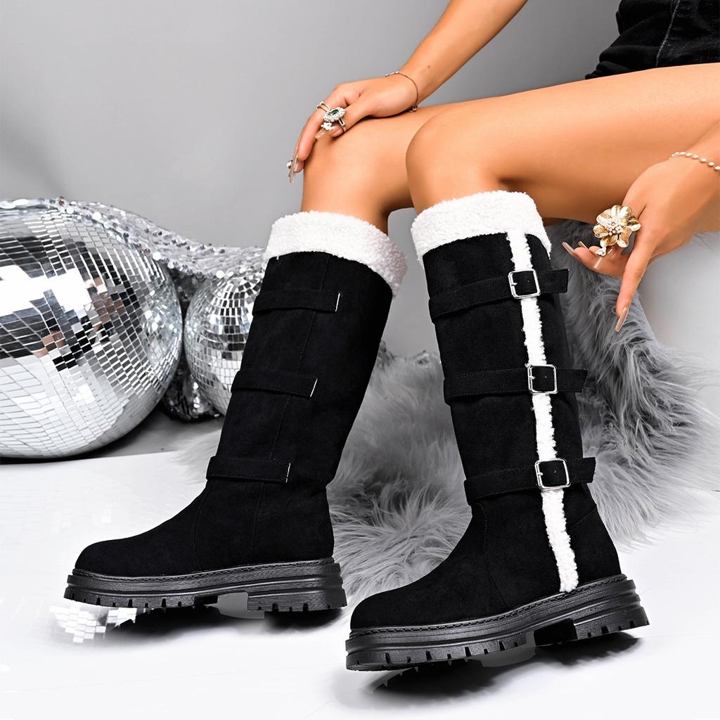 New Winter Fleece Lined Turn Over Long Boots with Buckles Fluffy Thick Snow Cotton Thigh High Boots