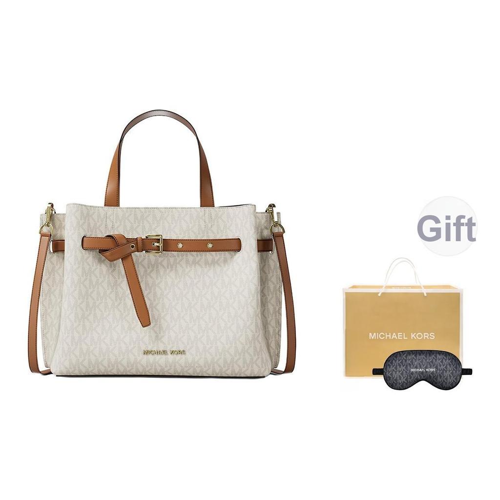 Michael Kors Borsa a tracolla in tela rivestita con stampa logo, media, da donna, Bianco Vaniglia-Marrone Ghianda 30F5GU5S2B-VANILLA