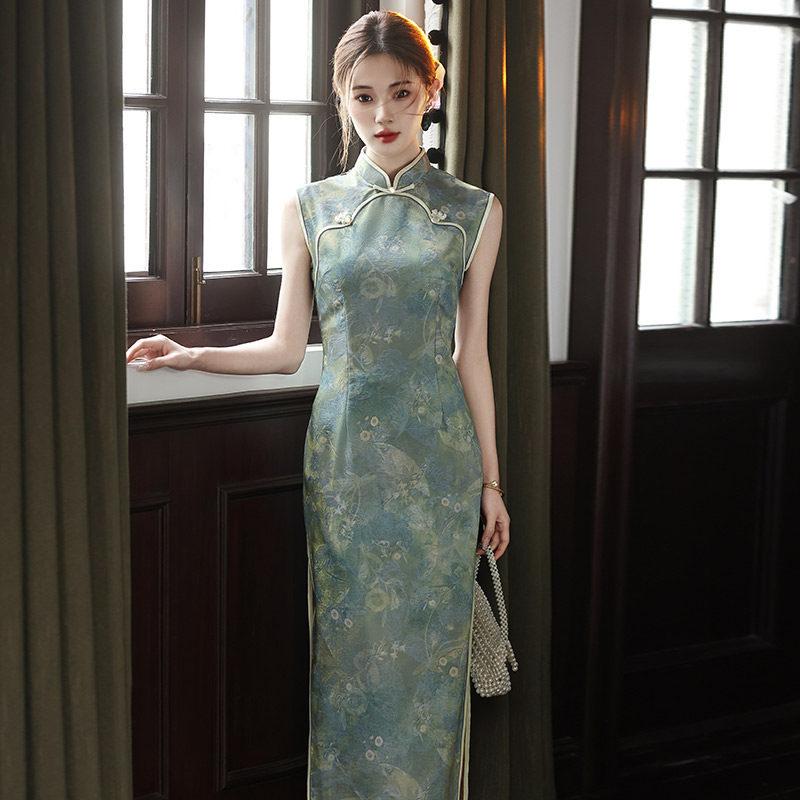 Green sleeveless national style new Chinese daily Suzhou long cheongsam improved young 1011 new women's high sense