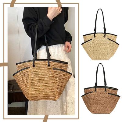 Women Straw Woven Tote Bag Summer Beach Bags Large Capacity Beach Vacation Shoulder Bag Multi Pockets for Outdoor Travel