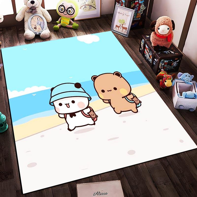 Adorable Cartoon Bear and Panda Walking by the Beach Pattern On a Cute Carpet Suitable for Use As an Anti-slip1 For1room and Bedroom Sofas