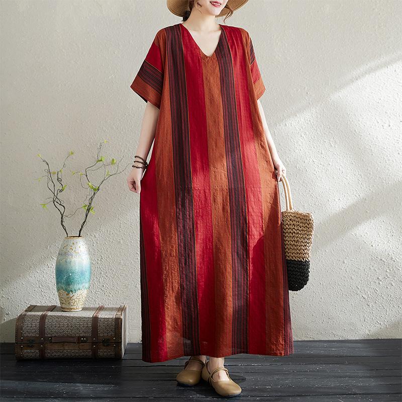 Summer Thin Cotton Linen Print V-neck Loose Oversized Simple Casual Vacation Style Medium Long Dress for Women Dresses
