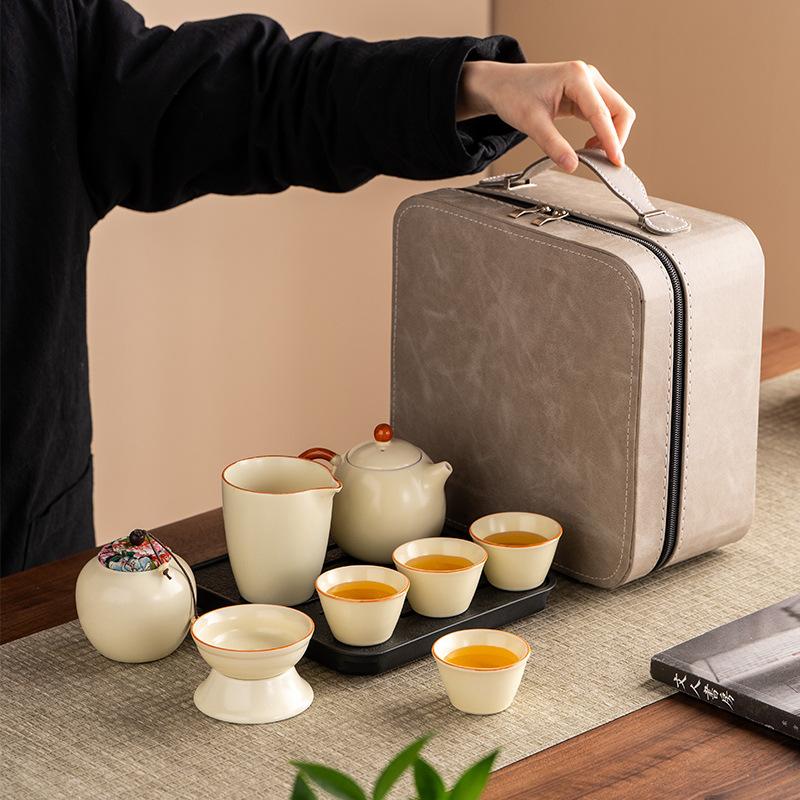 Retro high-grade Ru kiln ceramic teapot, Kung Fu tea set, teacup, tea tray, light luxury household tea making set, high-end gifts