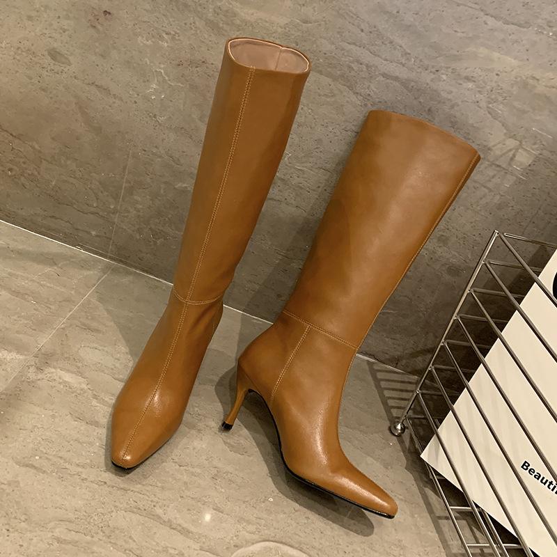 

Осень-зима 2025, сапоги-ботфорты из цельной коровьей кожи, сапоги-рыцари на тонком каблуке с острым носком, новые осенне-зимние сапоги на высоком каблуке, сапоги-лодочки 39