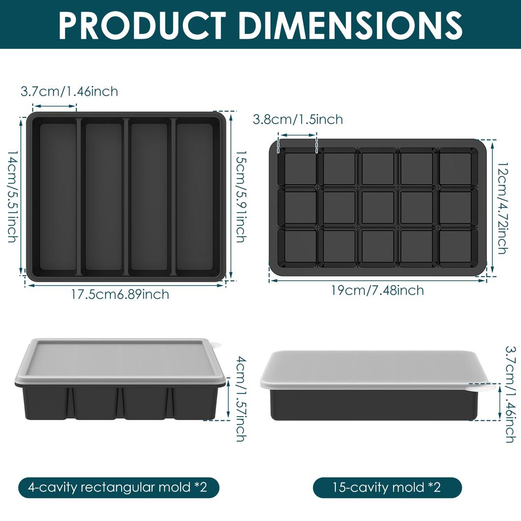4Pcs Silicone Freezer Trays Ice Cube Molds 4 Long Slot and 15 Small Grid Soup Freezer Container Mold for Bar and Kitchen Gadgets