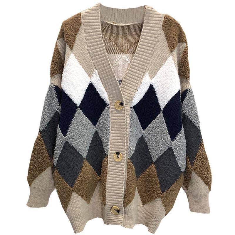 Women's Sweaters Autumn Winter Casual Plaid V-Neck Cardigans Single Breasted Puff Sleeve Loose