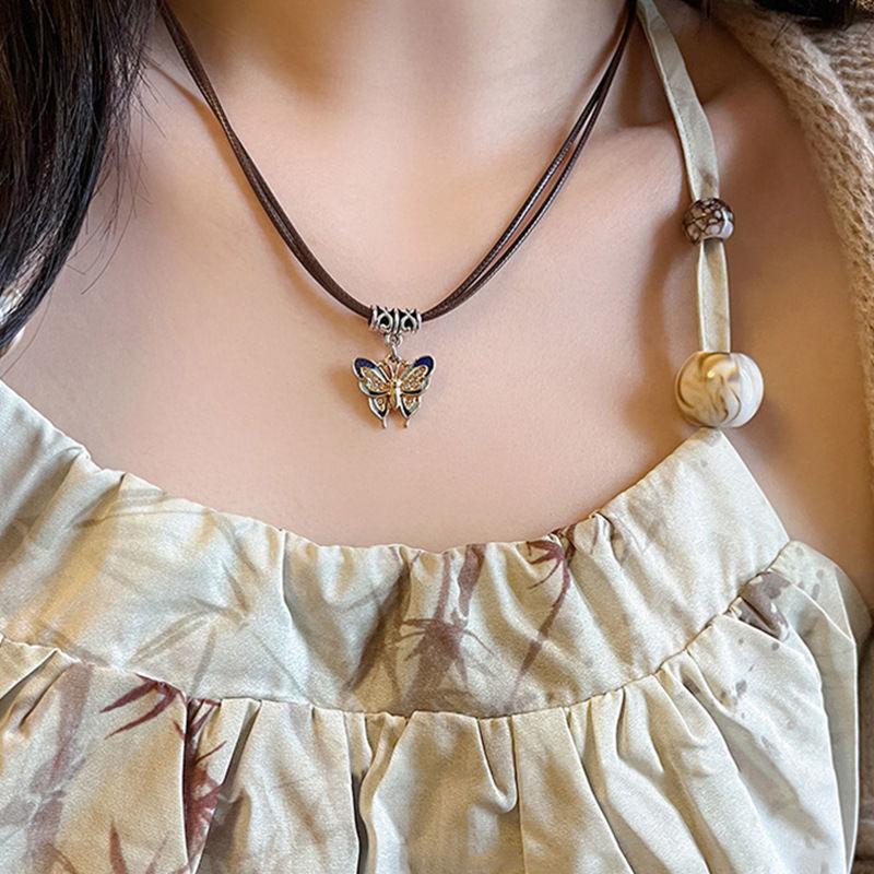 Vintage Leather Rope Butterfly Pendant Necklace Women's 2025 New Trendy Niche Design Collarbone Chain Sweet Cool Babe Neck Chain