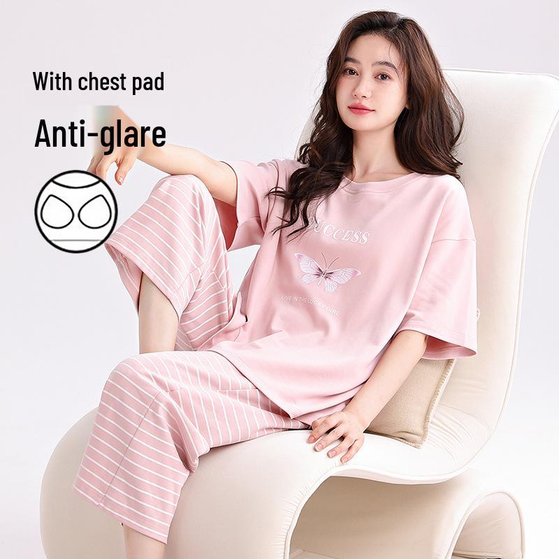 Women's Pure Cotton Pajama Set: Short Sleeve, Seven-Point Pants, Loose Fit, Built-In Bra Pads, Comfortable Home Wear.