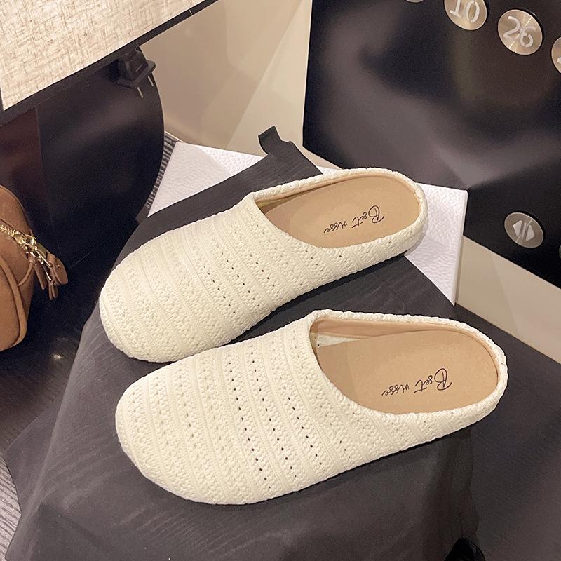 Woven hollow breathable bag head half drag women's outer wear 2025 spring and summer new thick bottom soft bottom with skirt cool slippers