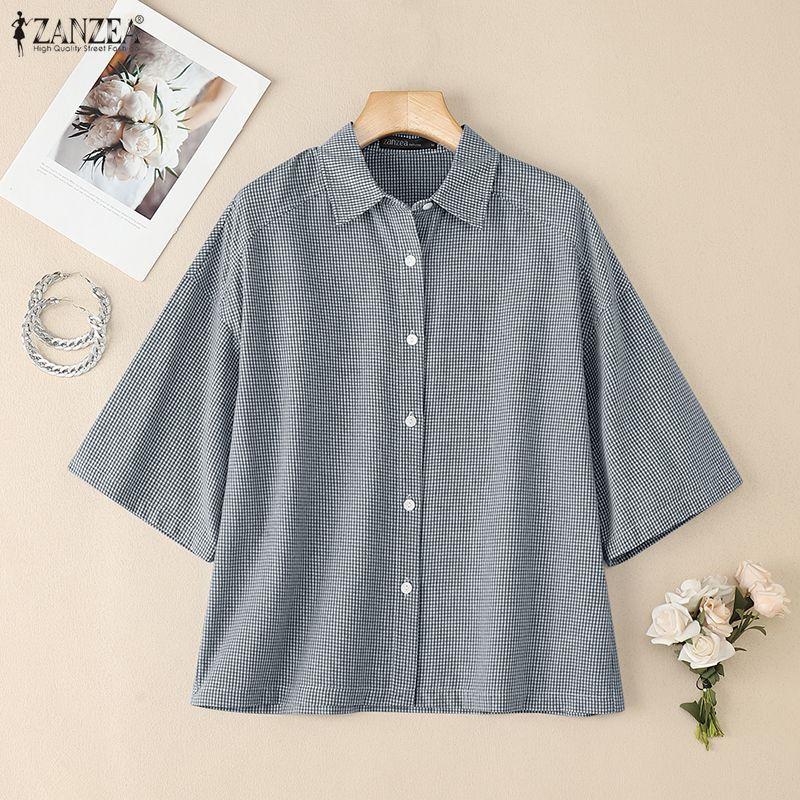 ZANZEA Women Turn Down Collar Loose Half Sleeve Casual Grid Print Blouse