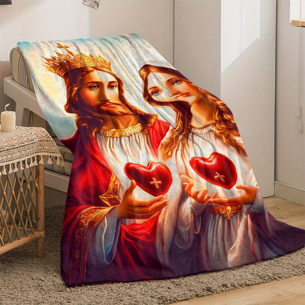 Sacri Cuori di Gesù e Maria Arte Religiosa Coperta in Pile Fede Cristiana Decorazione per la Casa Regalo per Credenti Confort Spirituale Morbida