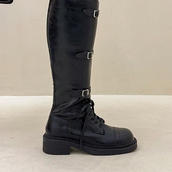 Design sense locomotive belt buckle boots women's 2025 autumn and winter retro European and American thick-soled thick-heeled fashion boots high-heel
