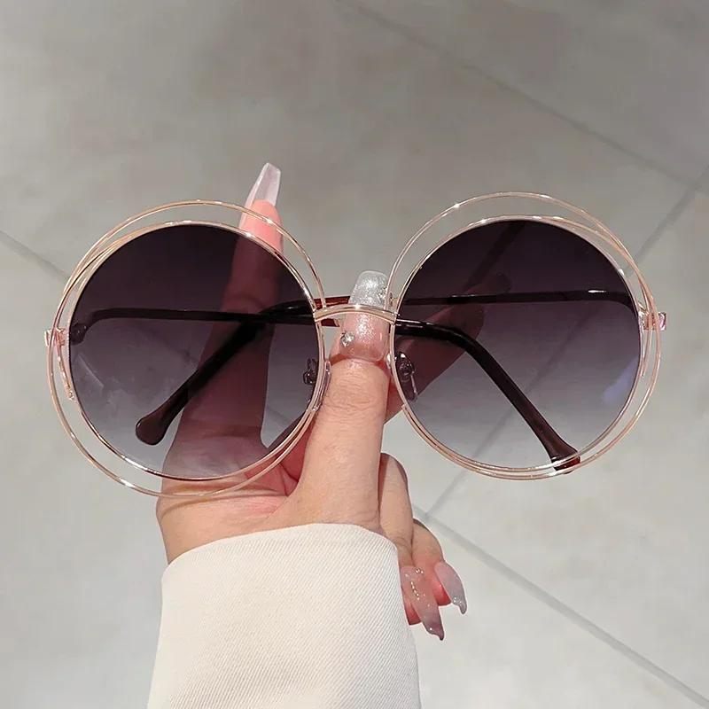 Vintage Round Oversized Sunglasses For Women Brand Designer Gradient Shades Metal Frame Lady Sun Glasses