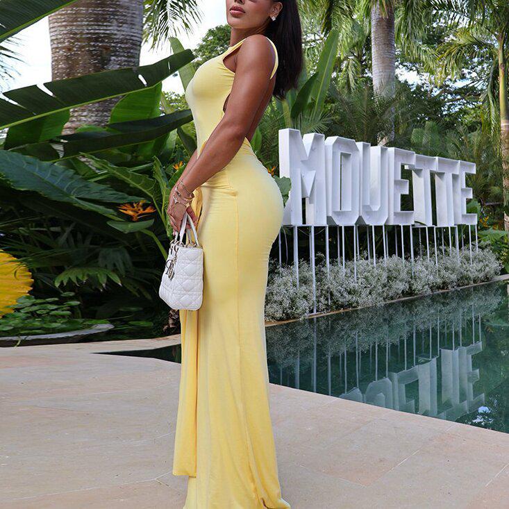 2025 Autumn European & American Style Slim-Fit Backless Dress with Sashes