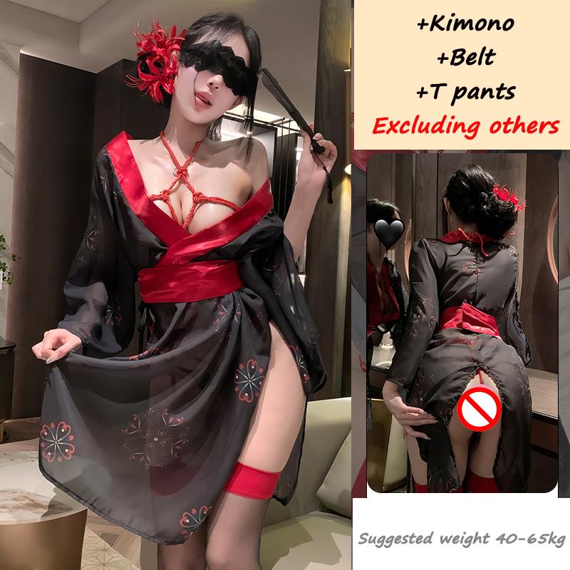 New Japanese Kimono Women Bathrobe Sexy Lingerie Phantom See Through Deep V Black Dress Binding Restraint Panties Set Costumes