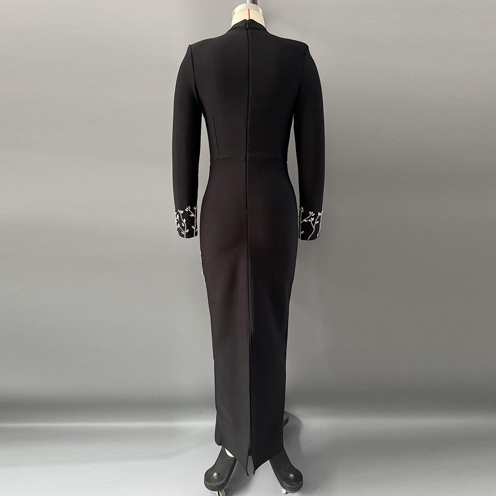 European and American Studded Bandage Long Sleeve Evening Gown - Slim Fit Socialite Party Dress