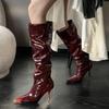Fashion Fashion Pointed Toe Thin High Heels Boots Women Sexy Shiny Pleated Mid Calf Boots Woman Burgundy Black Pu Leather Botas Female