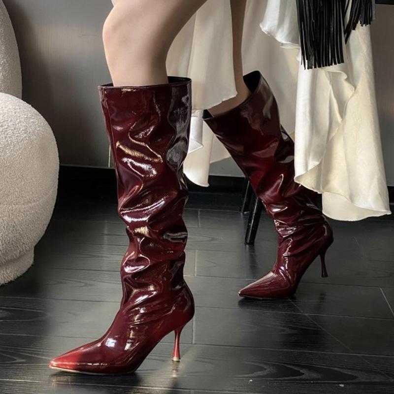 Fashion Fashion Pointed Toe Thin High Heels Boots Women Sexy Shiny Pleated Mid Calf Boots Woman Burgundy Black Pu Leather Botas Female