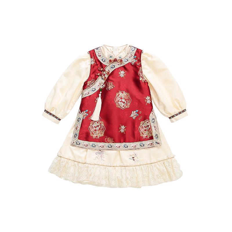 

Girls Fall Chinese Style Retro Gege Suit: Two-Piece Waistcoat Dress Set for Kids 110 cm