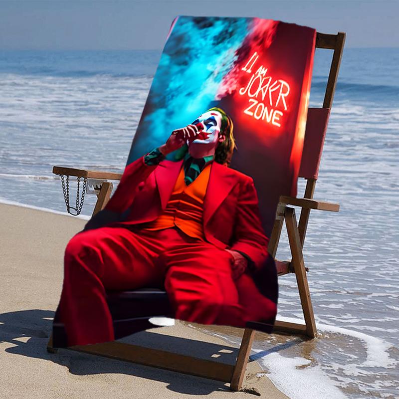 proof beach towel with a Joker character pattern - soft,absorbent,quick-drying,machine washable - perfect for swimming,camping,bathing