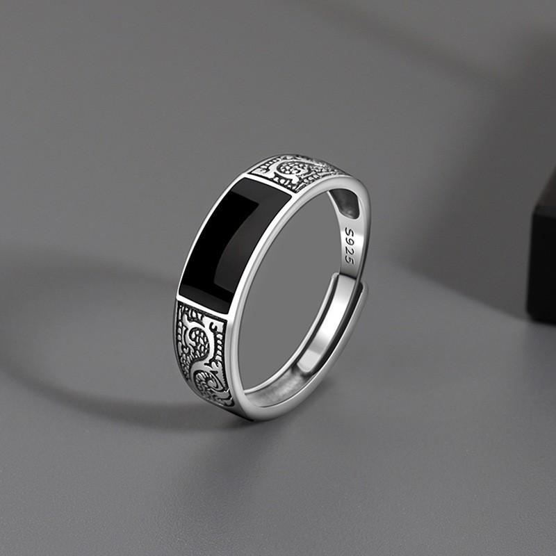 Men Hip Pop Black Square Glass Carved Open Ring