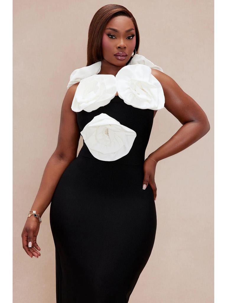 White Floral Black Bodycon Evening Dress with Back Slit – Sleeveless European & American Fashion Slimming Design