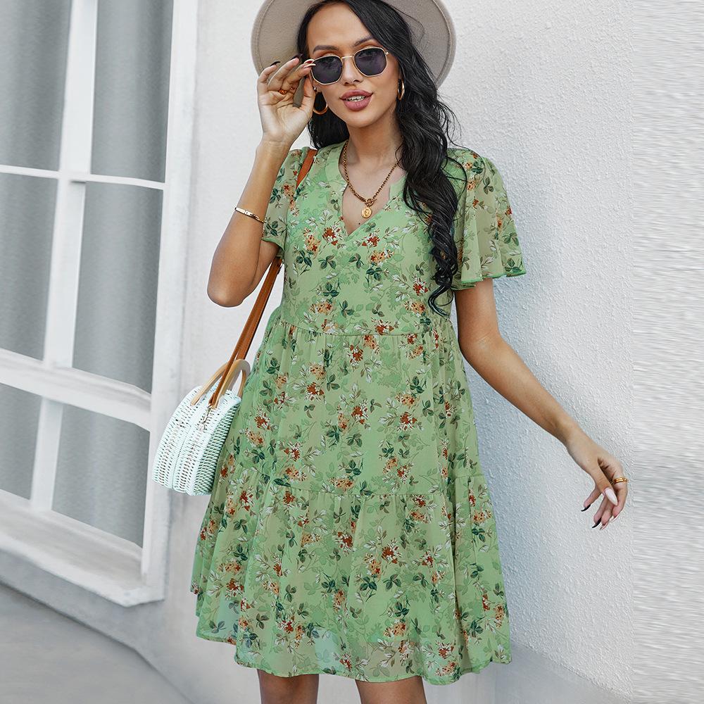 Vestido de gasa de verano floral con cuello en V y manga corta con estampado de primavera para mujer