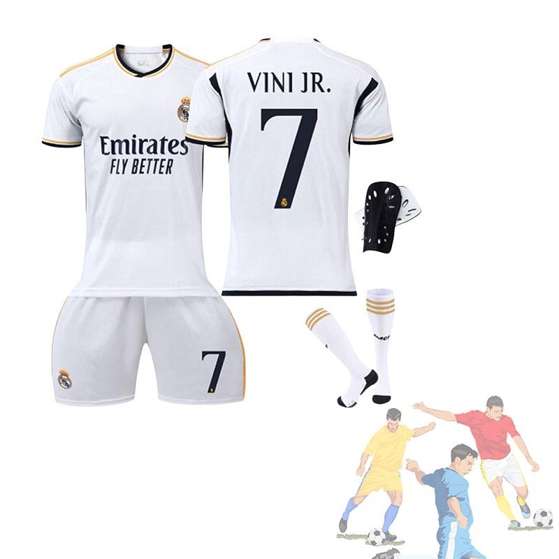 Real Madryt Domowy 7 Vini.jr Zestaw Koszulki Piłkarskiej Dla Dzieci i Dorosłych Tkanina Poliestrowa Koszulka Spodnie Skarpety i Sprzęt Ochronny w Zestawie
