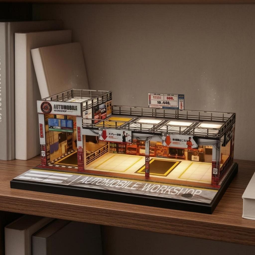 Miniature Parking Workshop 1:64 Scale DoubleLayer Model Rooftop Railings Garage Building