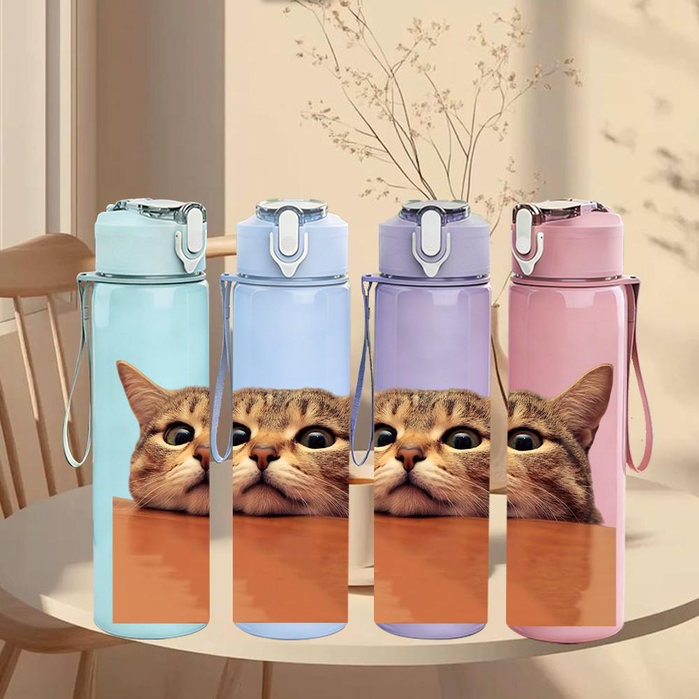 1PC Cat Peeking Out Box Cute Print 750ml Color Plastic Sports Water Bottle Leakproof Flip Straw Lid Suitable for Sports Office Home Use