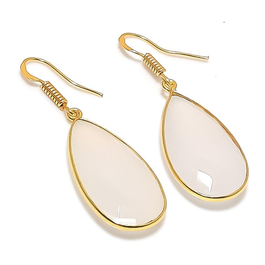 Aqua Chalcedony Gemstone Handmade 925 Sterling Silver Jewelry Earring 1.97" KJ-813