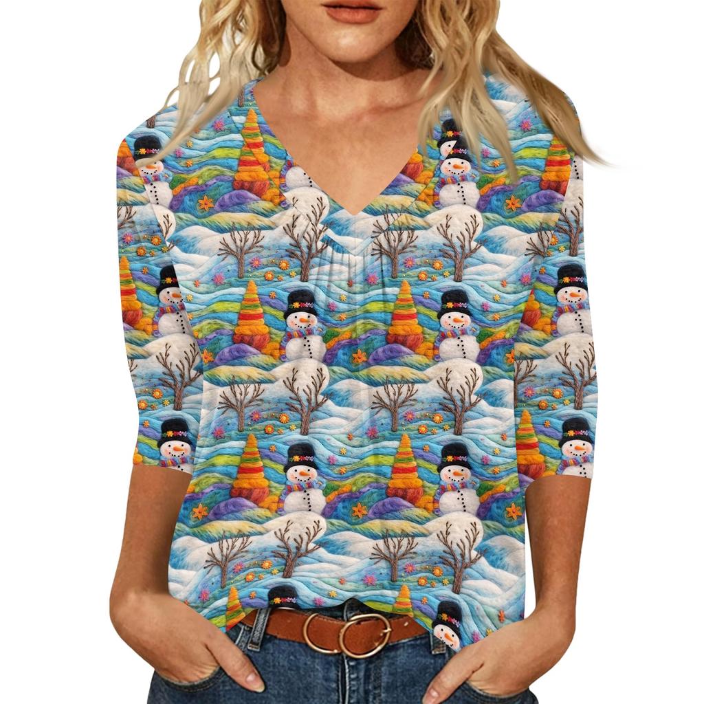 Women's Fashion Casual V-Neck Christmas Print 3/4 Sleeve Top for Holiday Everyday Wear